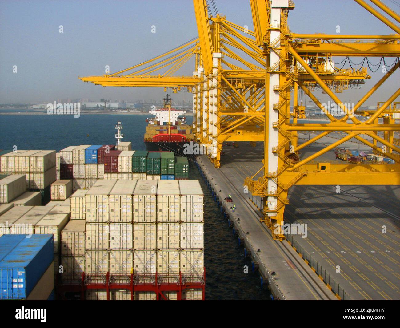 Container ship in port at container terminal. Ships of container ships ...