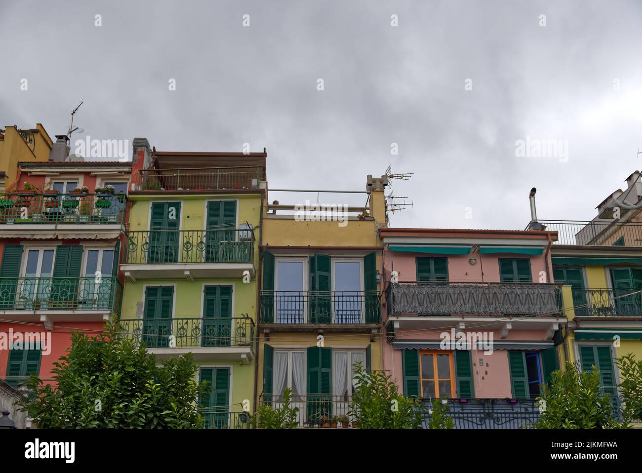 typical houses of the Italian Ligurian coast in the Mediterranean Sea