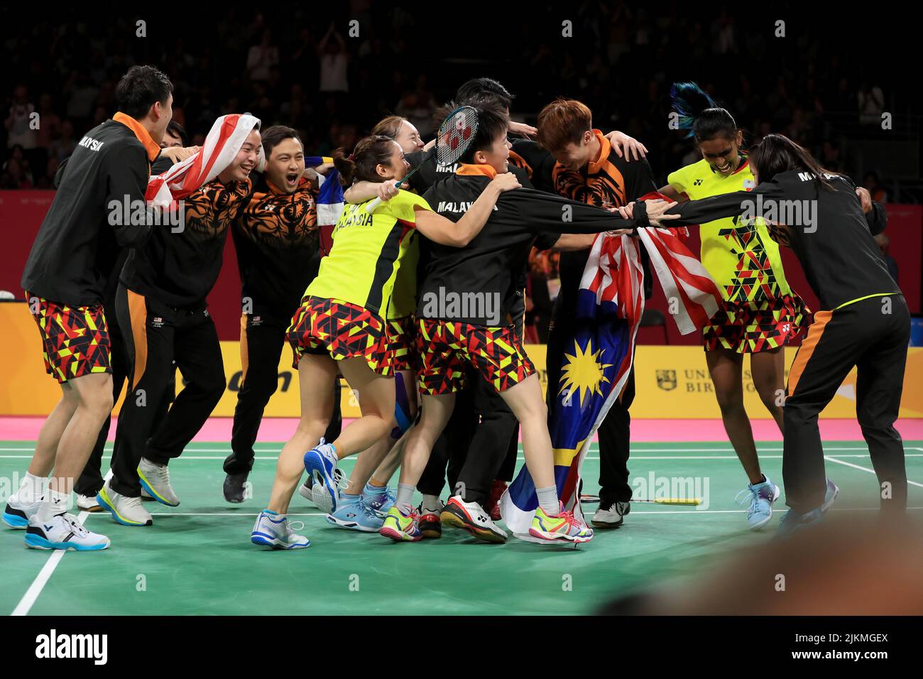 Team Malaysia celebrate winning a gold medal in Badminton Team at The NEC on day five of 2022 Commonwealth Games in Birmingham