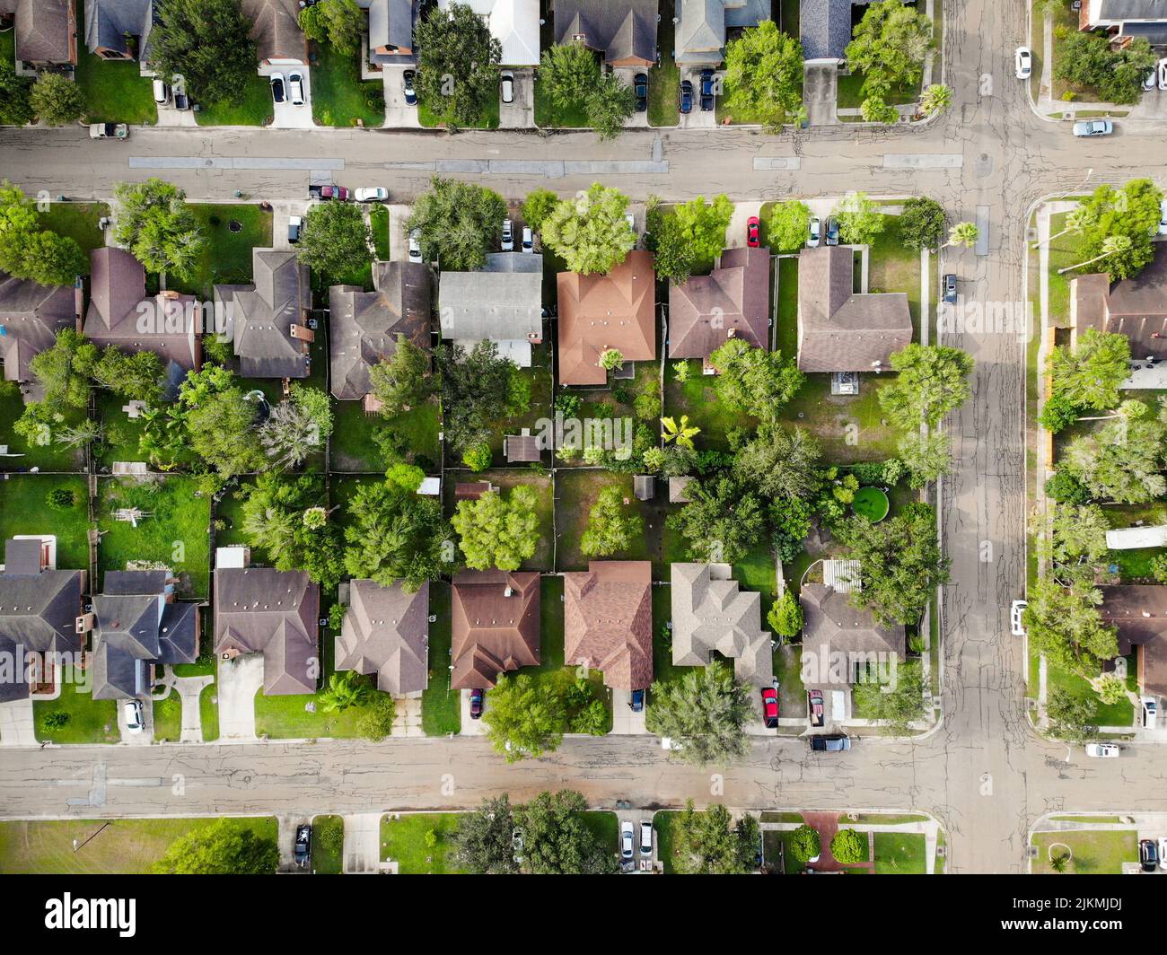 An aerial view of houses in a neighborhood Stock Photo