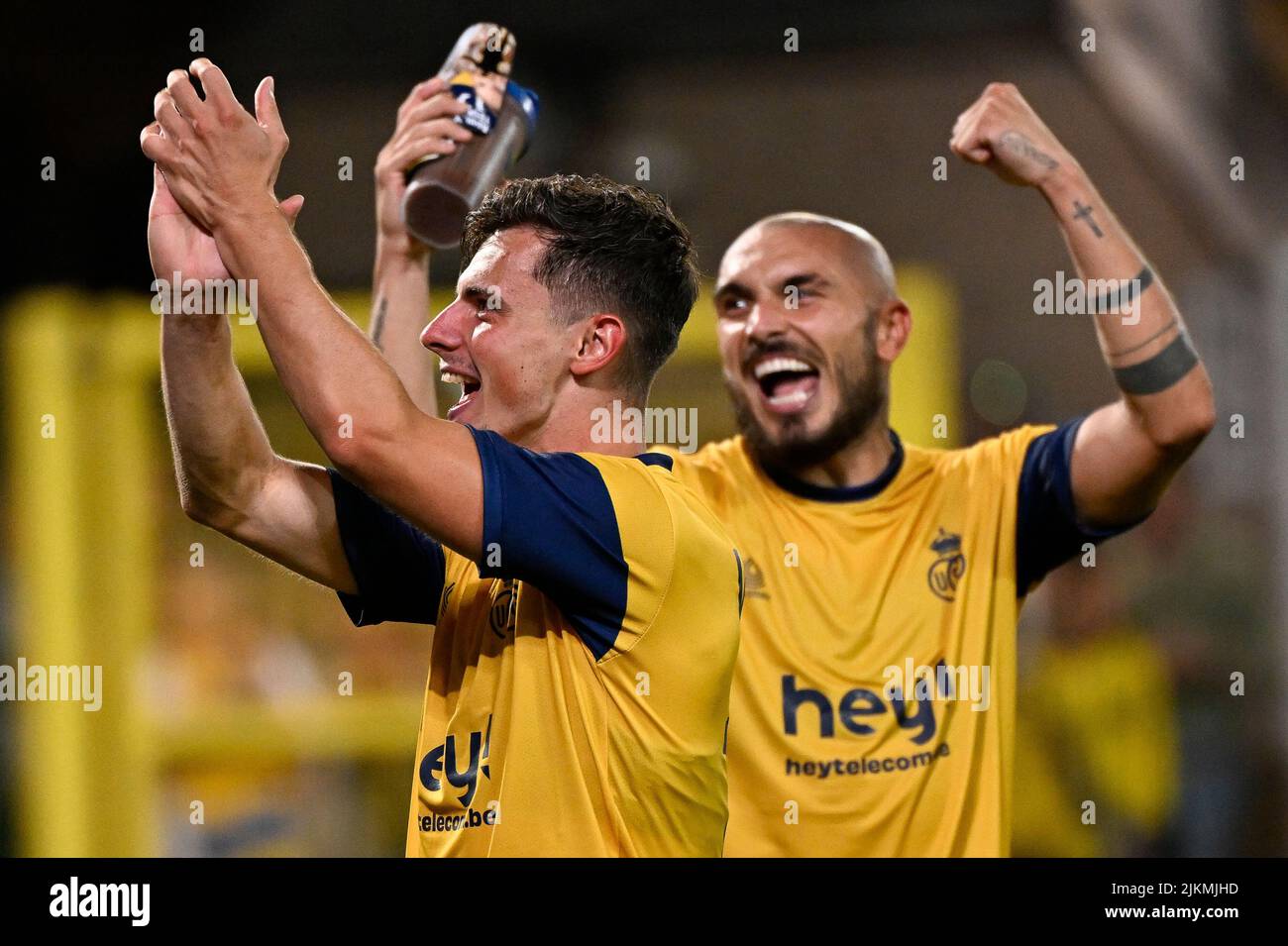 Heverlee, Belgium. 02nd Aug, 2022. Union's Dante Vanzeir and Union's Teddy Teuma celebrate after winning a match between Belgian soccer team Royale Union Saint-Gilloise and Scottish Rangers FC, Tuesday 02 August 2022 in Heverlee, the first leg in the third qualifying round of the UEFA Champions League competition. BELGA PHOTO LAURIE DIEFFEMBACQ Credit: Belga News Agency/Alamy Live News Stock Photo
