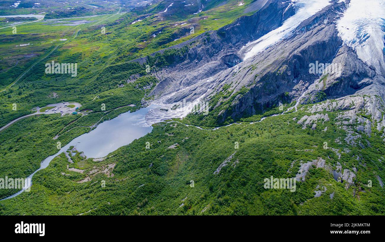 An aerial view of Worthington Glacier, on the road to Valdez, Alaska