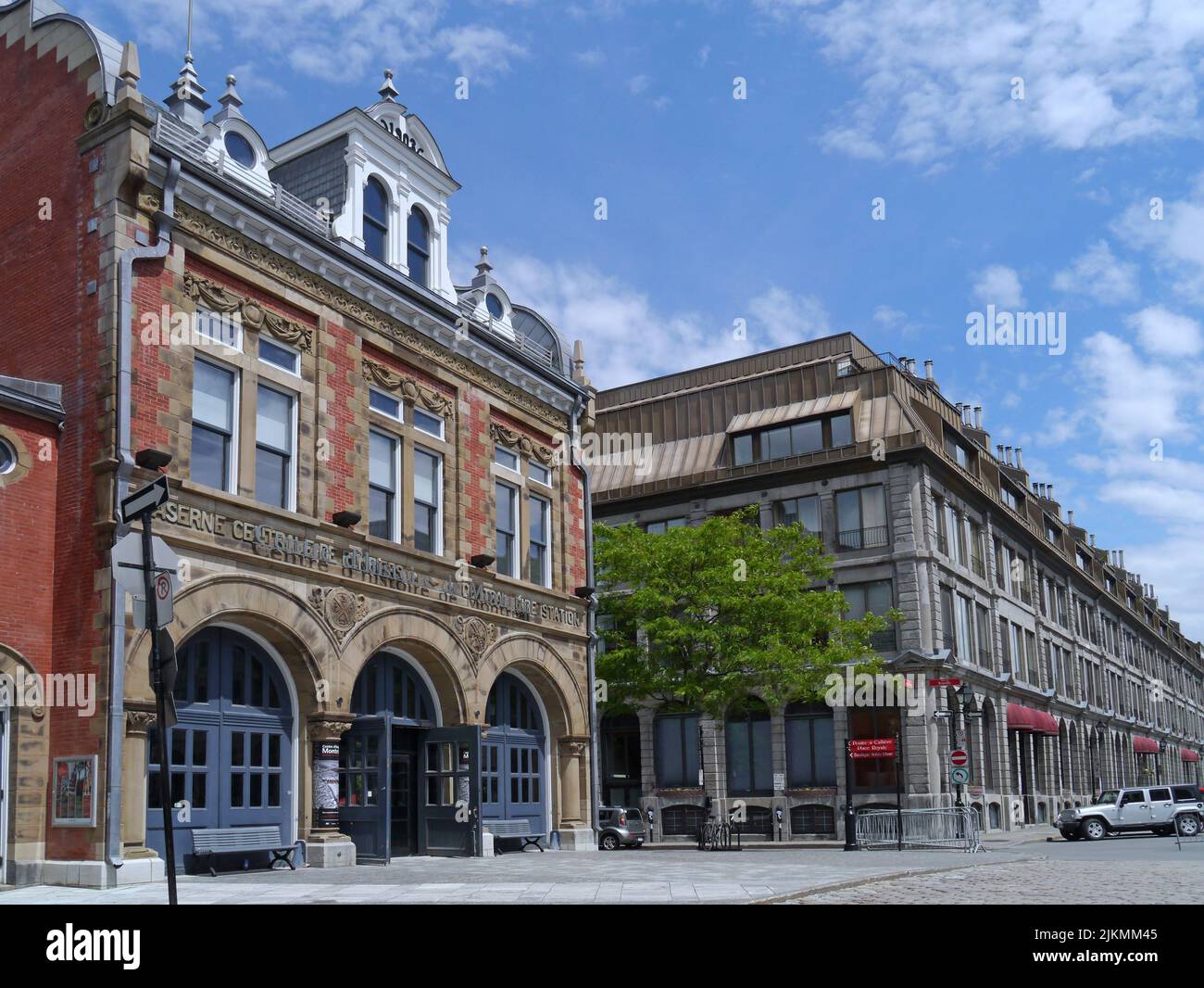 Preserved old architecture in downtown Montreal, with former fire station now a historical museum Stock Photo