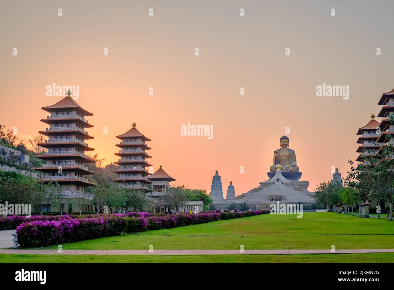 The view of Fo Guang Shan Buddha Museum against the background of sunset. Stock Photo
