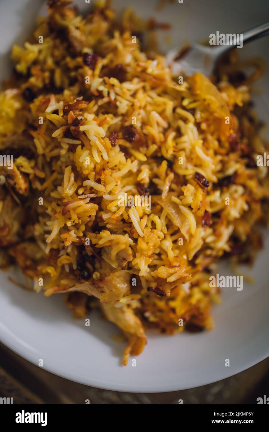 Zereshk Polo ba serving of Persian Saffron basmati rice dish