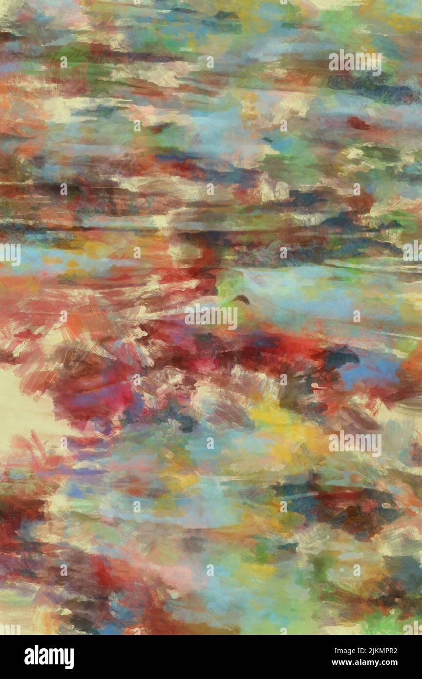 An abstract oil painting on canvas in beige, blue, red Stock Photo