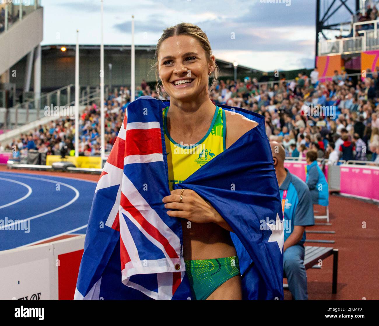 Birmingham, UK. 2nd August 2022; Alexander Stadium, Birmingham, Midlands,  England: Day 5 of the 2022 Commonwealth Games: Nina Kennedy (AUS) with her  national flag celebrates after winning the Gold Medal in the