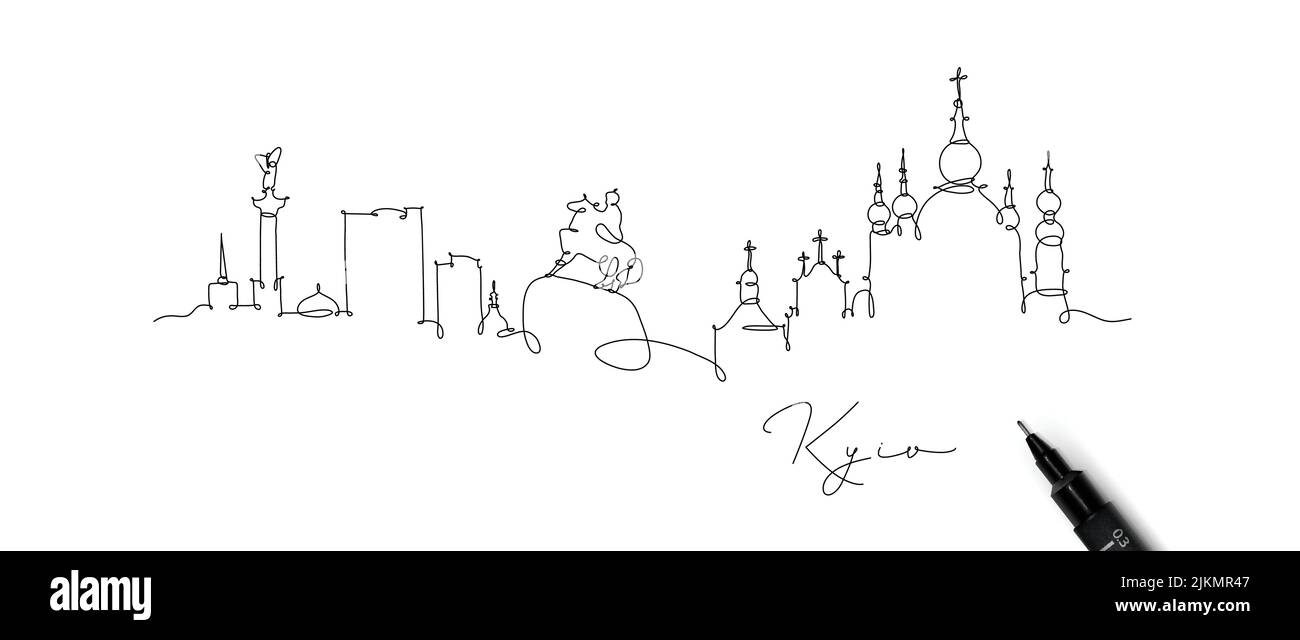 City silhouette Kyiv Ukraine in pen line style drawing with black lines on white background Stock Vector