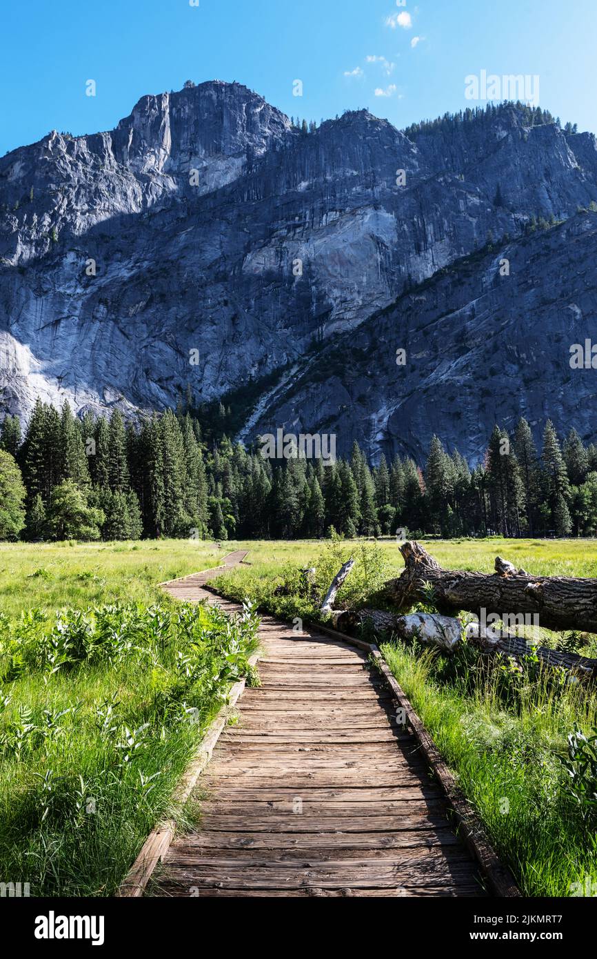 Wooden path through Yosemite Valley, Yosemite National Park, California Stock Photo