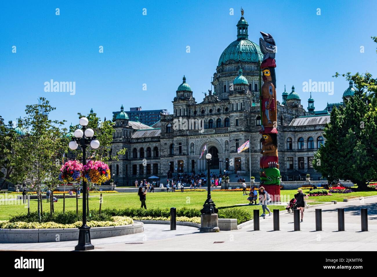 Totem Pole in front of the Parliment Building of British Columbiam in Victoria Canada Stock Photo