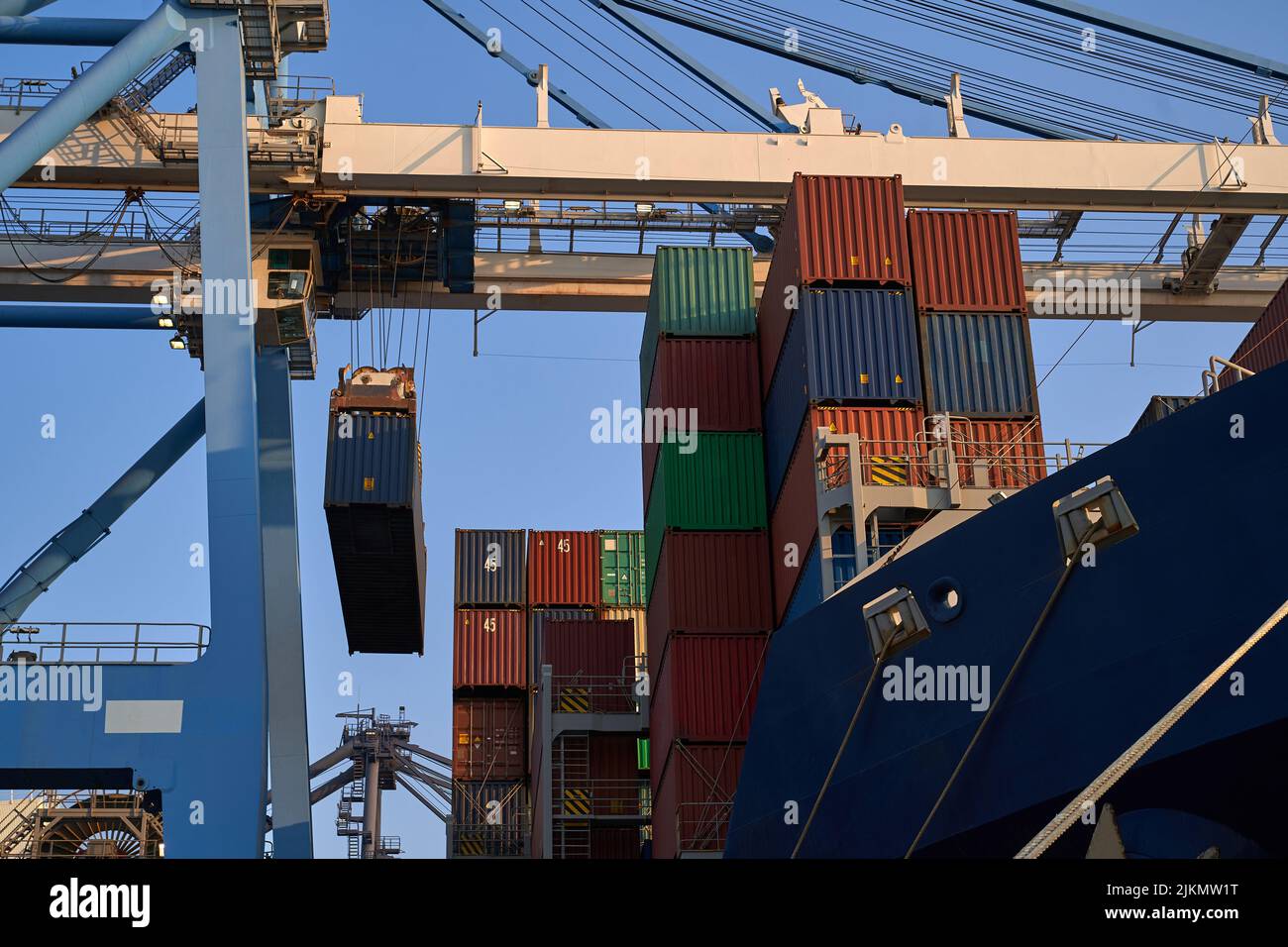 Container ship in port at container terminal. Ships of container ships ...