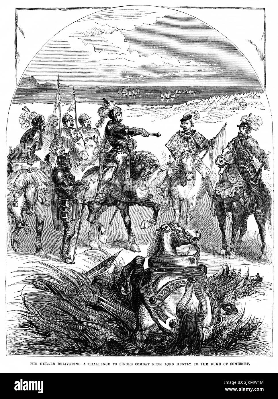 The Herald Delivering a Challenge to Single Combat from Lord Huntly to the Duke of Somerset, Illustration from the Book, 'John Cassel’s Illustrated History of England, Volume II', text by William Howitt, Cassell, Petter, and Galpin, London, 1858 Stock Photo