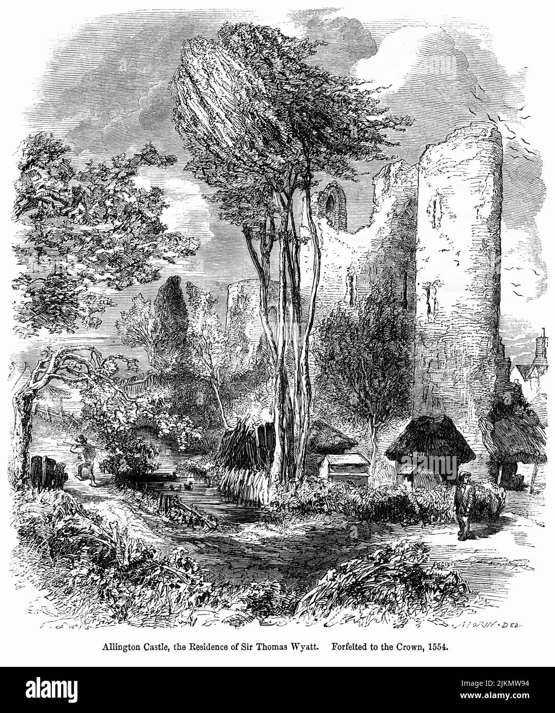 Allington Castle, the Residence of Sir Thomas Wyatt, forfeited to the Crown, 1554, Illustration from the Book, 'John Cassel’s Illustrated History of England, Volume II', text by William Howitt, Cassell, Petter, and Galpin, London, 1858 Stock Photo