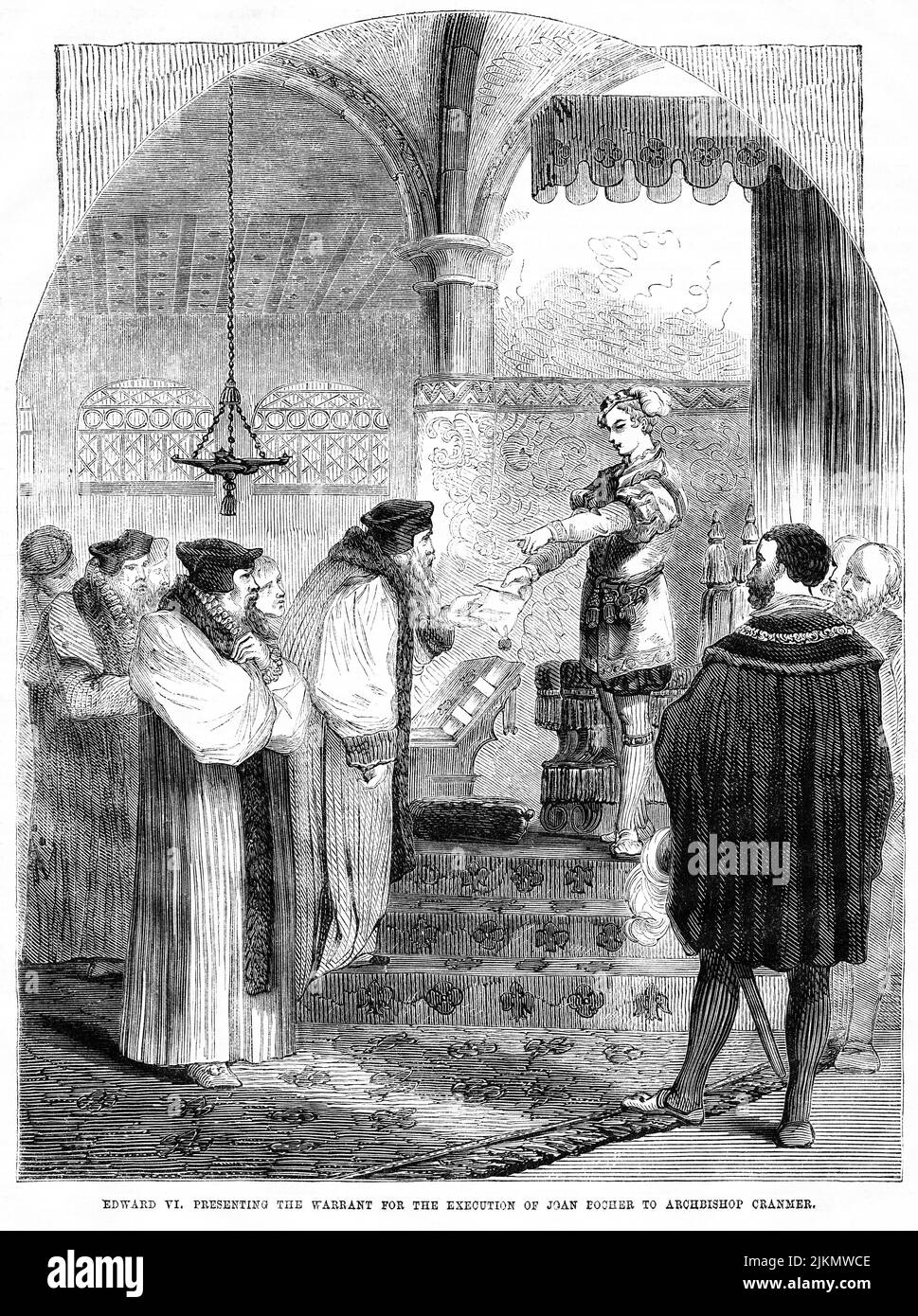 Edward VI presenting the Warrant for the Execution of Joan Bocher to Archbishop Cranmer, Illustration from the Book, 'John Cassel’s Illustrated History of England, Volume II', text by William Howitt, Cassell, Petter, and Galpin, London, 1858 Stock Photo