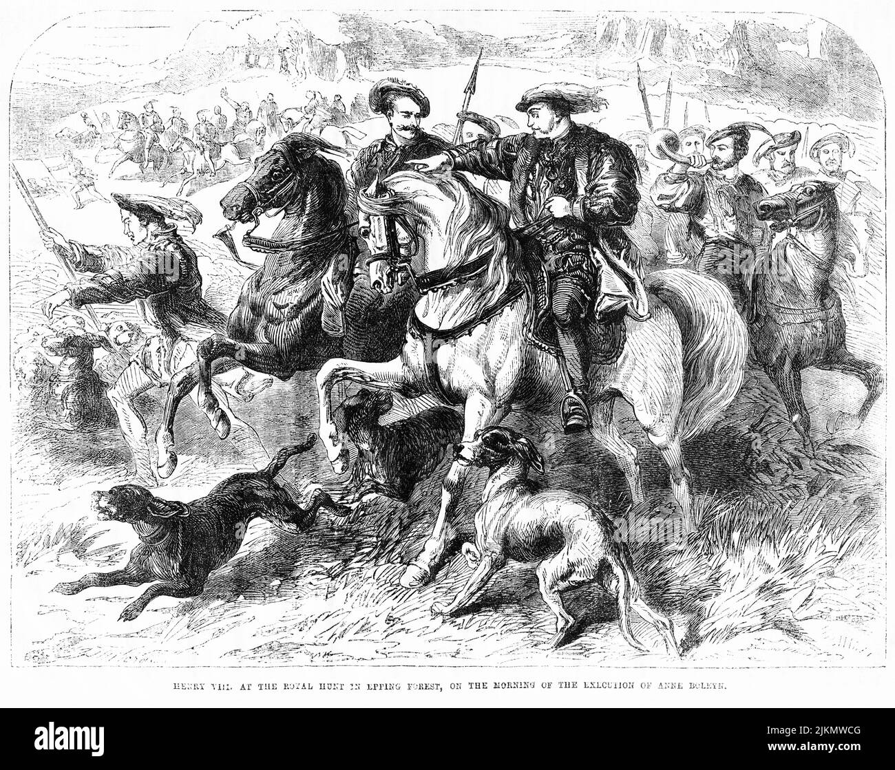 Henry VIII at the Royal Hunt in Epping Forest, on the morning of the Execution of Anne Boleyn, Illustration from the Book, 'John Cassel’s Illustrated History of England, Volume II', text by William Howitt, Cassell, Petter, and Galpin, London, 1858 Stock Photo