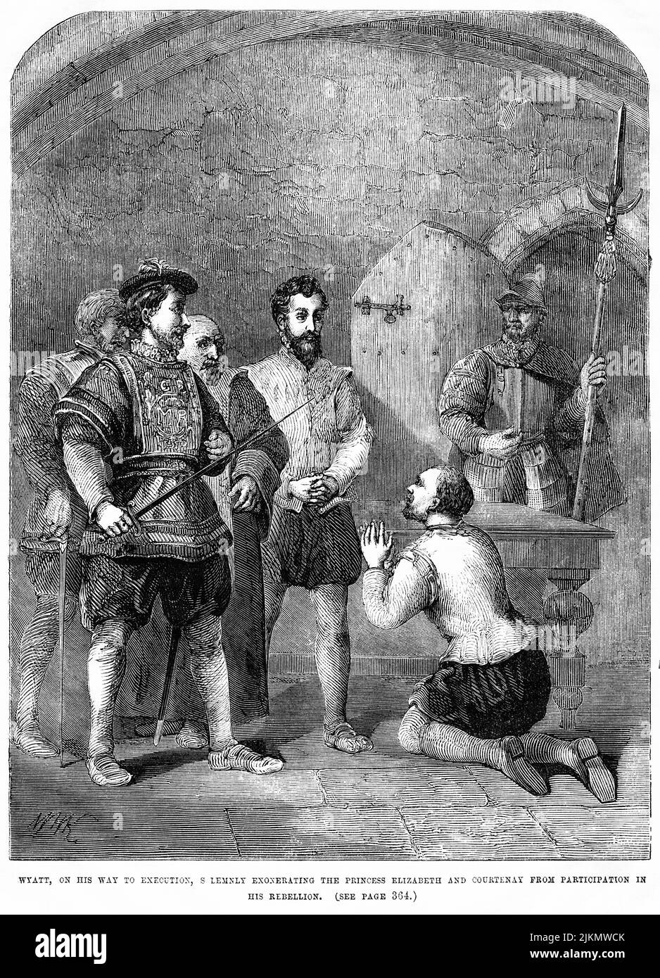 Wyatt, on his way to Execution solemnly exonerating the princess Elizabeth and Courtenay from participation in his rebellion, Illustration from the Book, 'John Cassel’s Illustrated History of England, Volume II', text by William Howitt, Cassell, Petter, and Galpin, London, 1858 Stock Photo