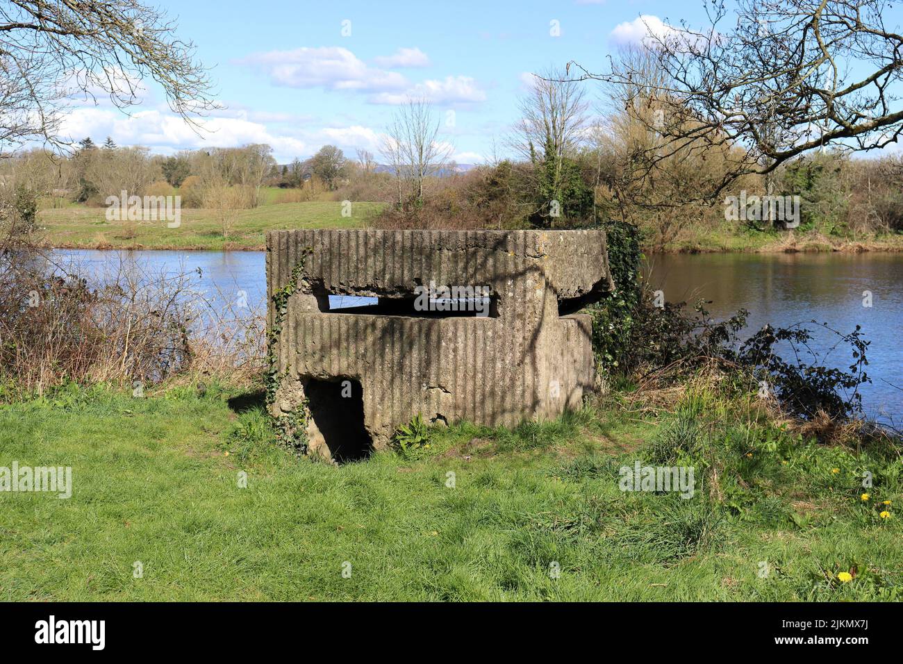 A Block House World War II bunker in Ireland, used to defend Ardnacrusha Power Station with water canal Stock Photo