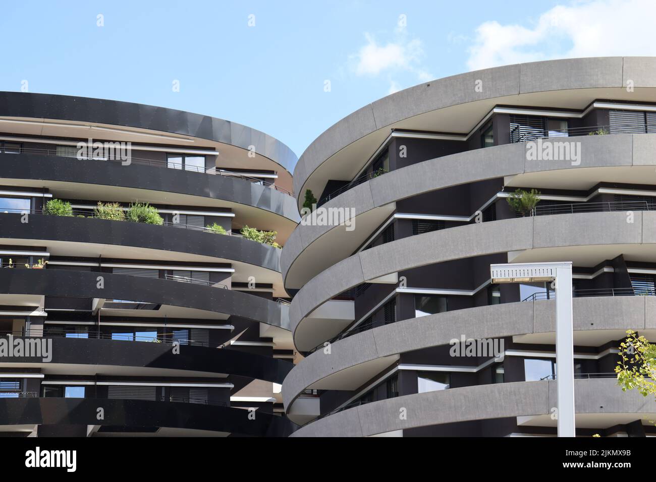 A closeup of black and white modern style apartments and student houses