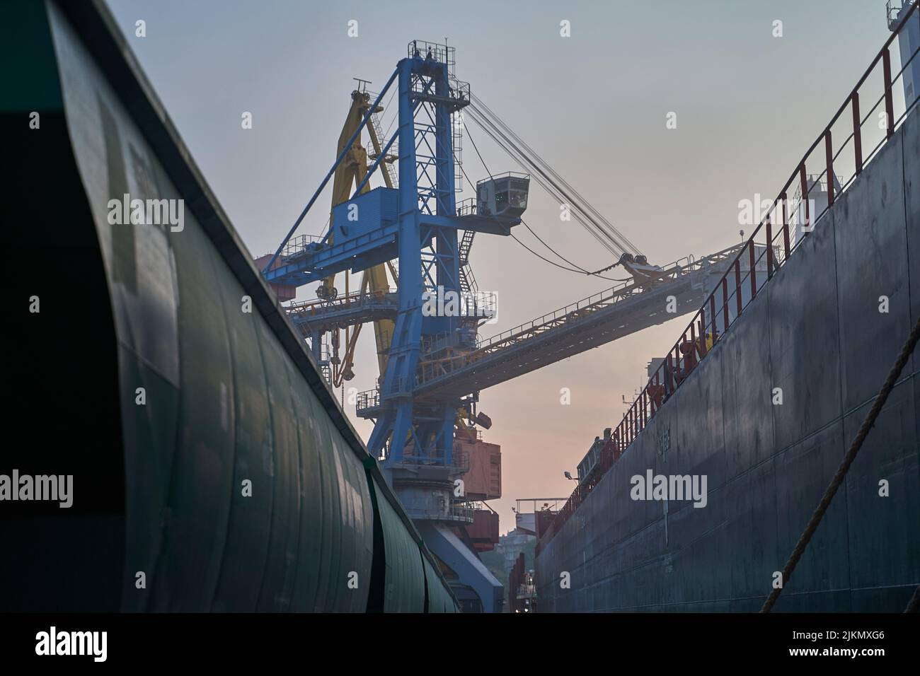 Port grain elevator. Industrial sea trading port bulk cargo zone Railway wagon in grain terminal