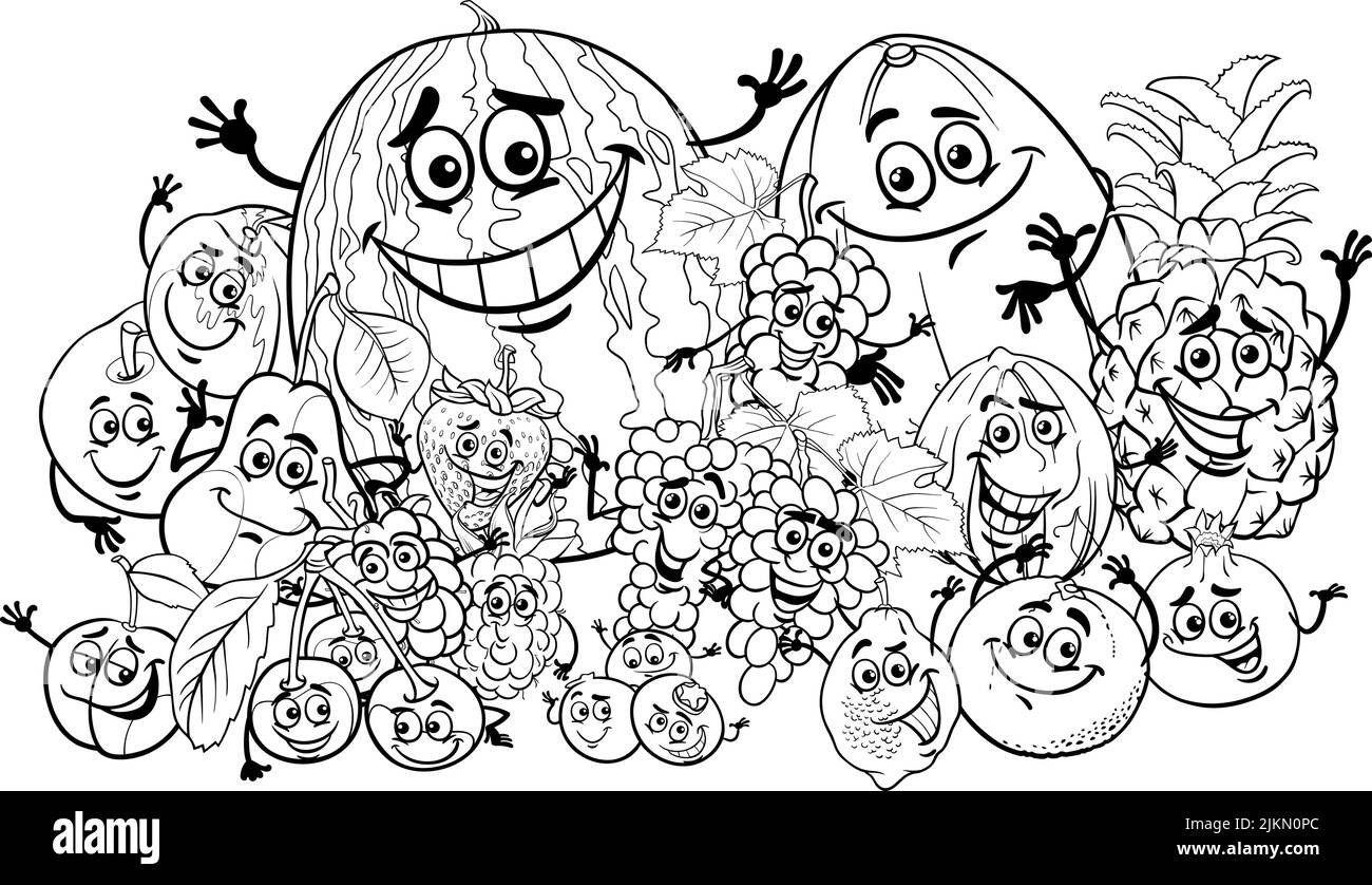 Black and white cartoon illustration of happy fruit comic characters group coloring page Stock Vector