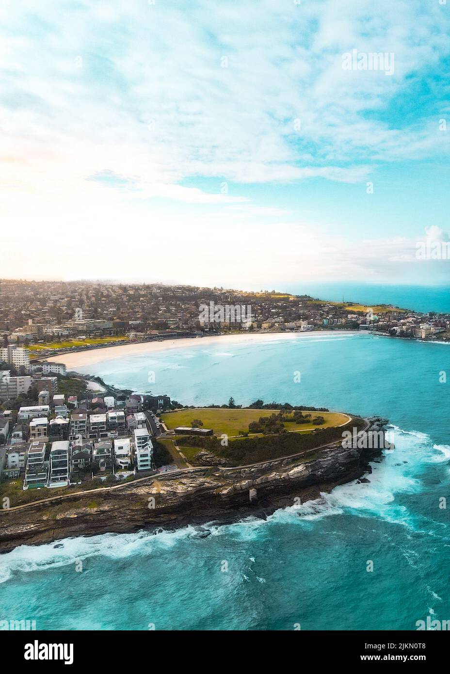 A vertical aerial shot of the beautiful Bondi Beach, Sydney, Australia ...