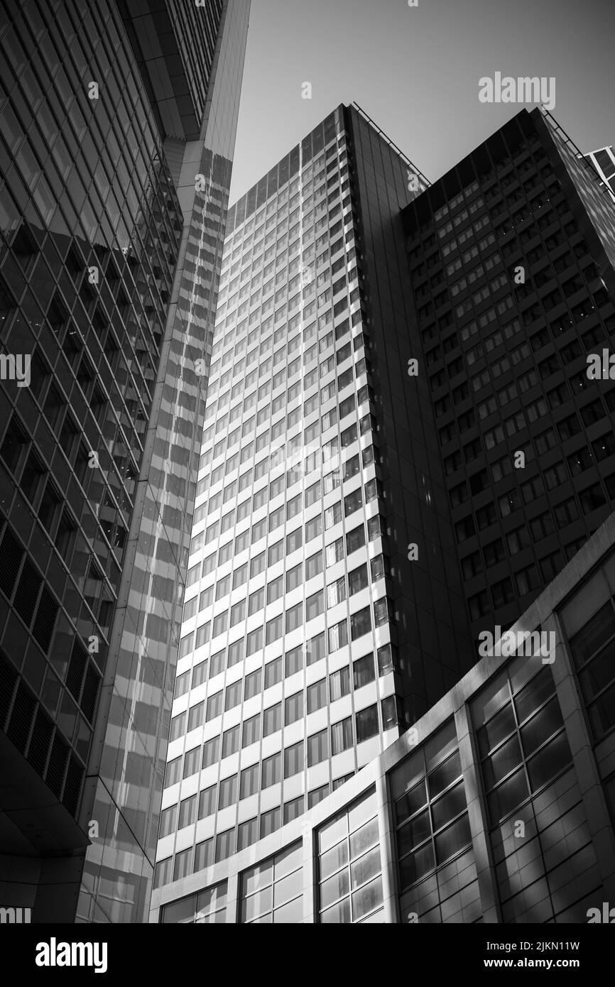 A black and white shot of modern buildings in Frankfurt Stock Photo