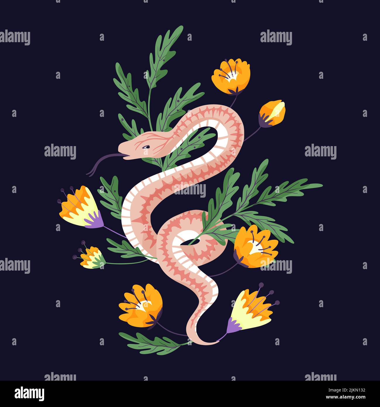 Snake and flower magic print. Tattoo vintage fashion vector wild animal