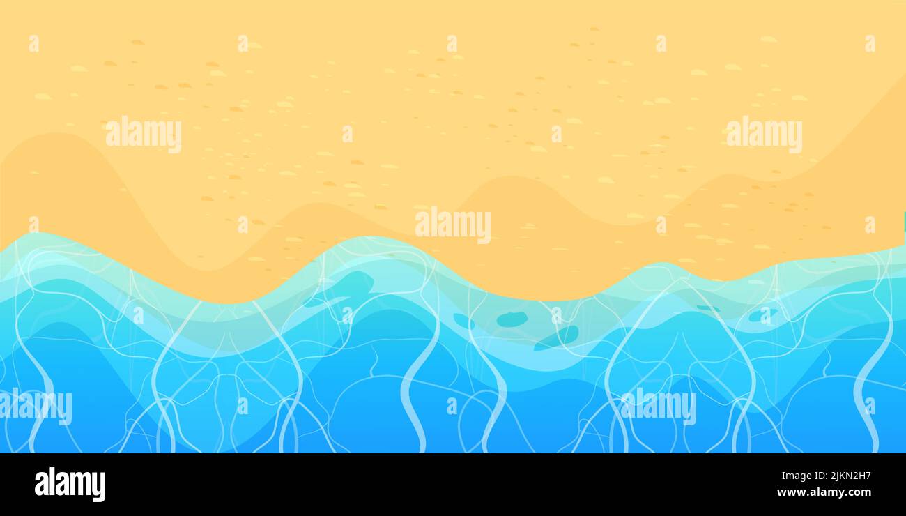 Summer beach with sand and waves top view in cartoon style, background. Tropical coast line, landscape, scenery. Vector illustration Stock Vector