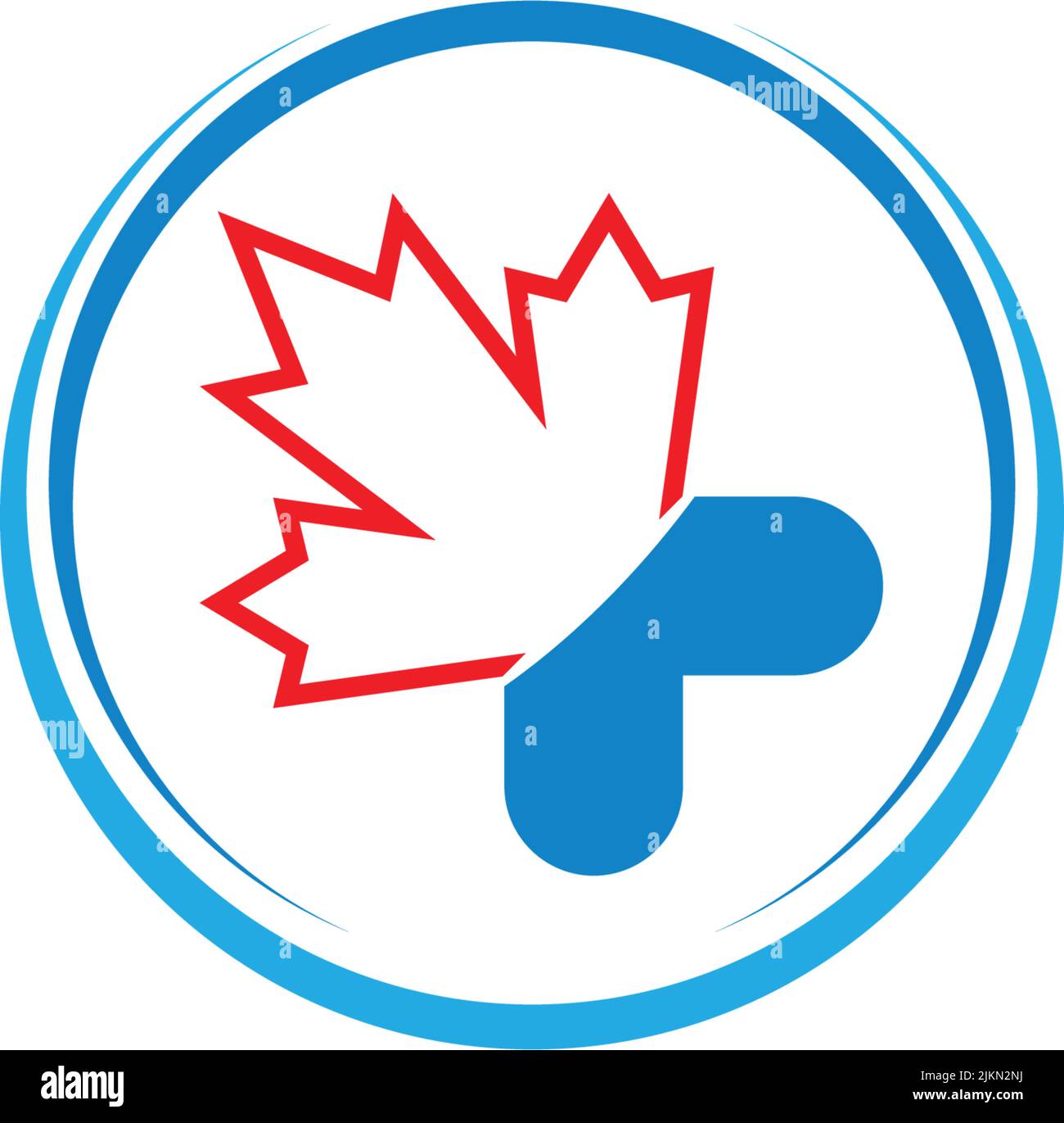 A lined red maple leaf with a ribbon in a blue circle isolated on a ...