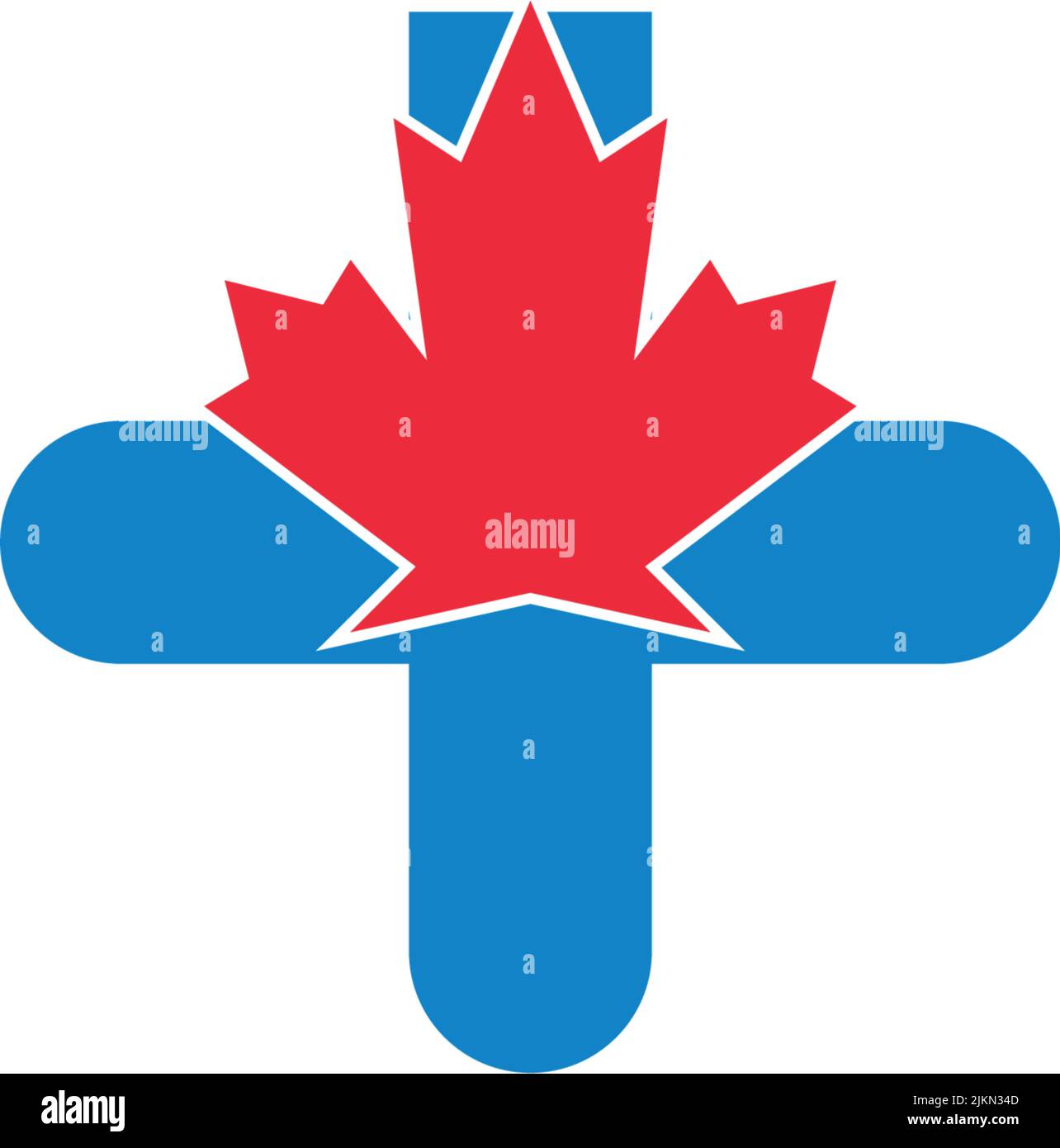 A red maple leaf on top of a blue cross isolated on a white background ...