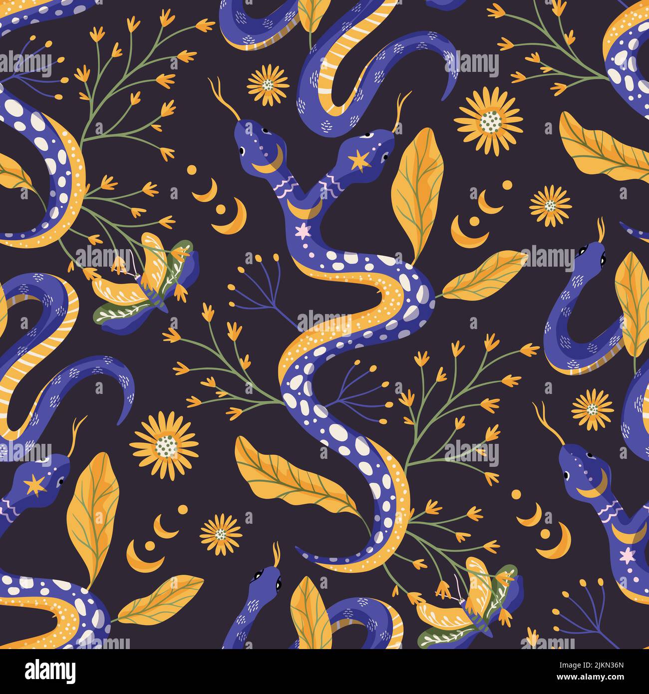 Snake and floral leaves celestial seamless vector pattern. Night magic background Stock Vector