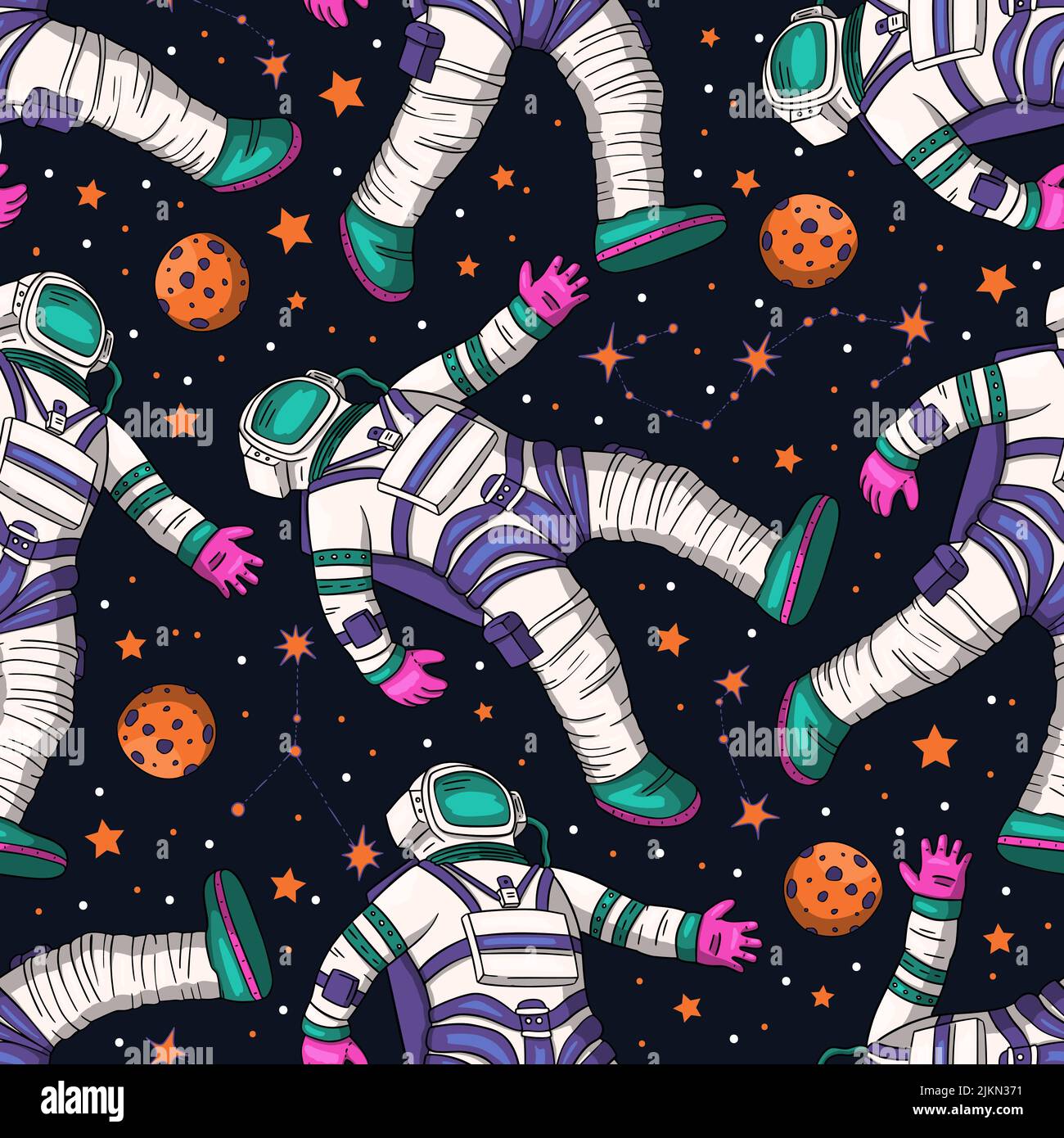 Astronaut cosmos galaxy universe science cosmic space seamless vector pattern Stock Vector
