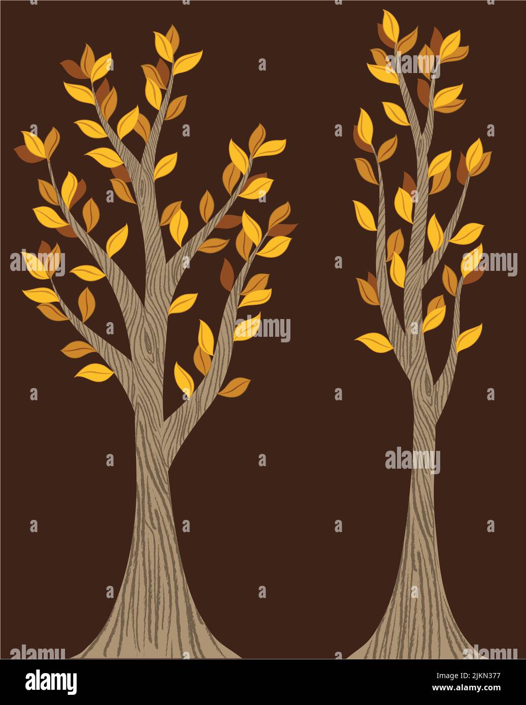 A vector illustration of a pair of fall trees with orange and yellow foliage. Stock Vector