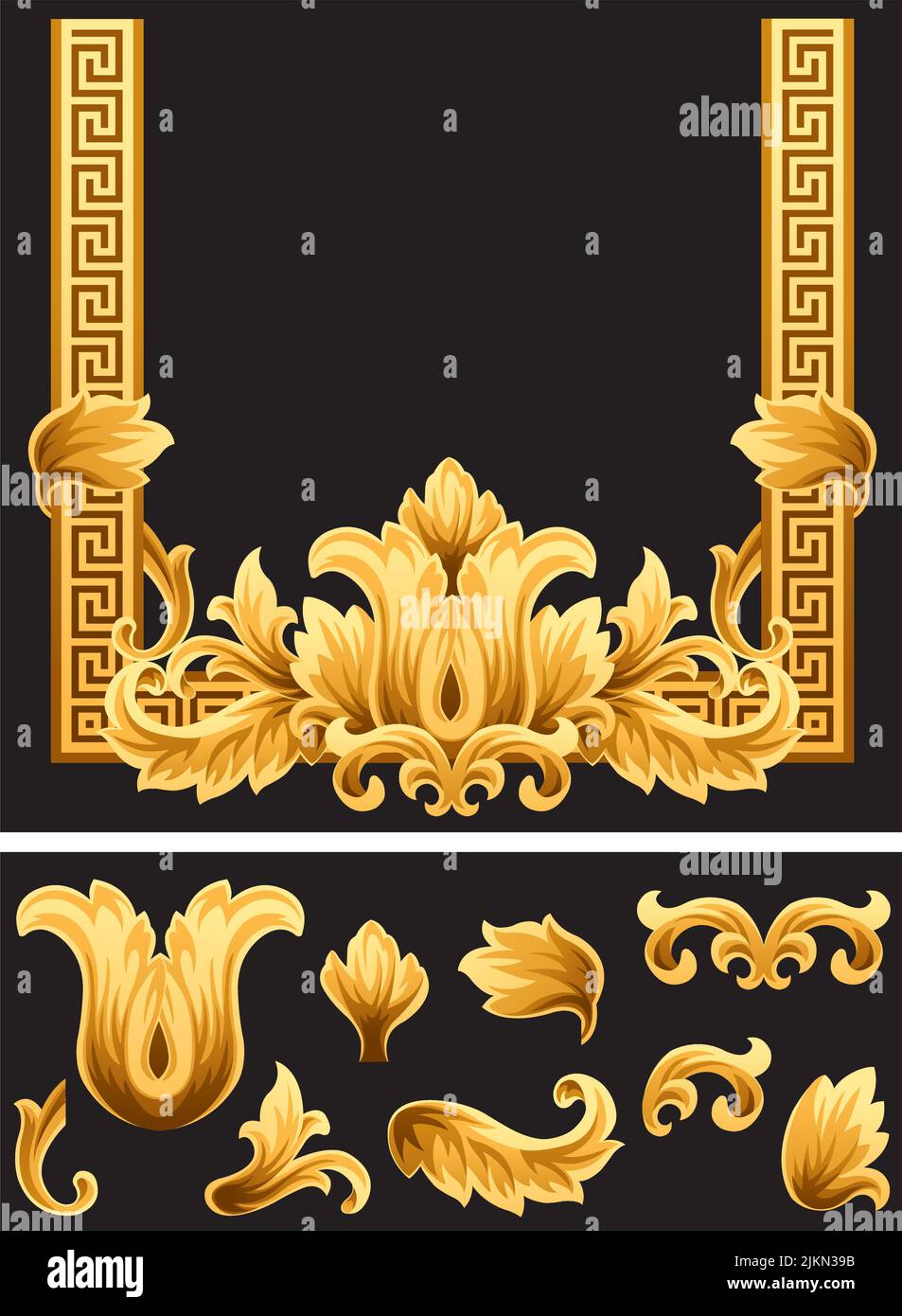 An ornate decorative vector floral golden frame and border. Stock Vector