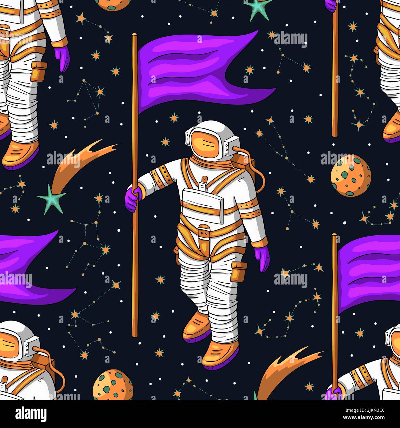 Astronaut cosmos galaxy universe science cosmic space seamless vector pattern Stock Vector