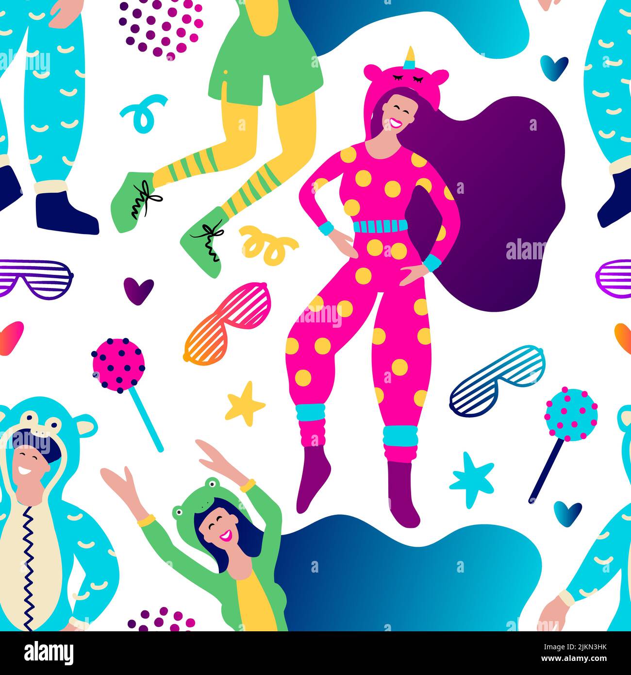 Funky girl funny pajama home music party seamless vector pattern ...