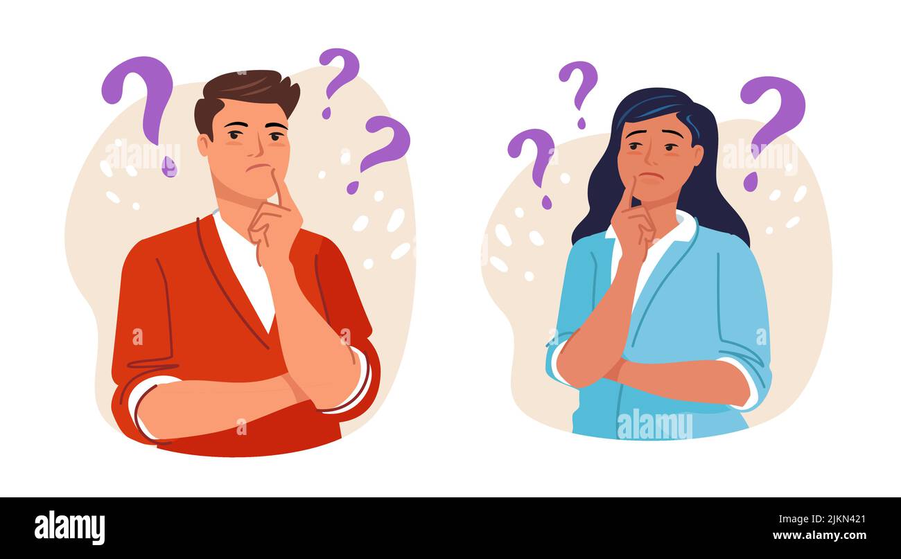 Thoughtful people. Smart thinking men and women solve problems. Boy and girl surrounded by question marks Stock Vector