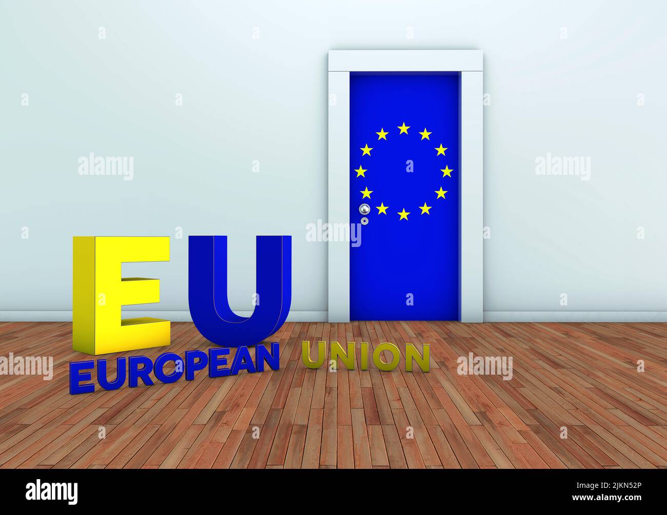 An 3D rendering of a room with a blue wall and a door with the EU flag Stock Photo