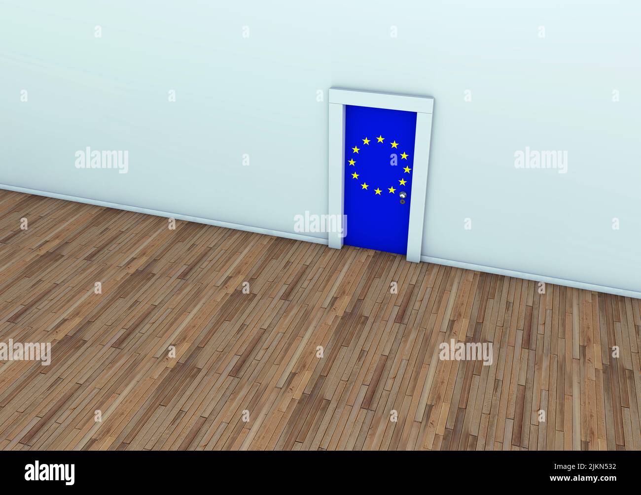 A 3D rendering of a room with a blue wall and a door with the EU flag Stock Photo