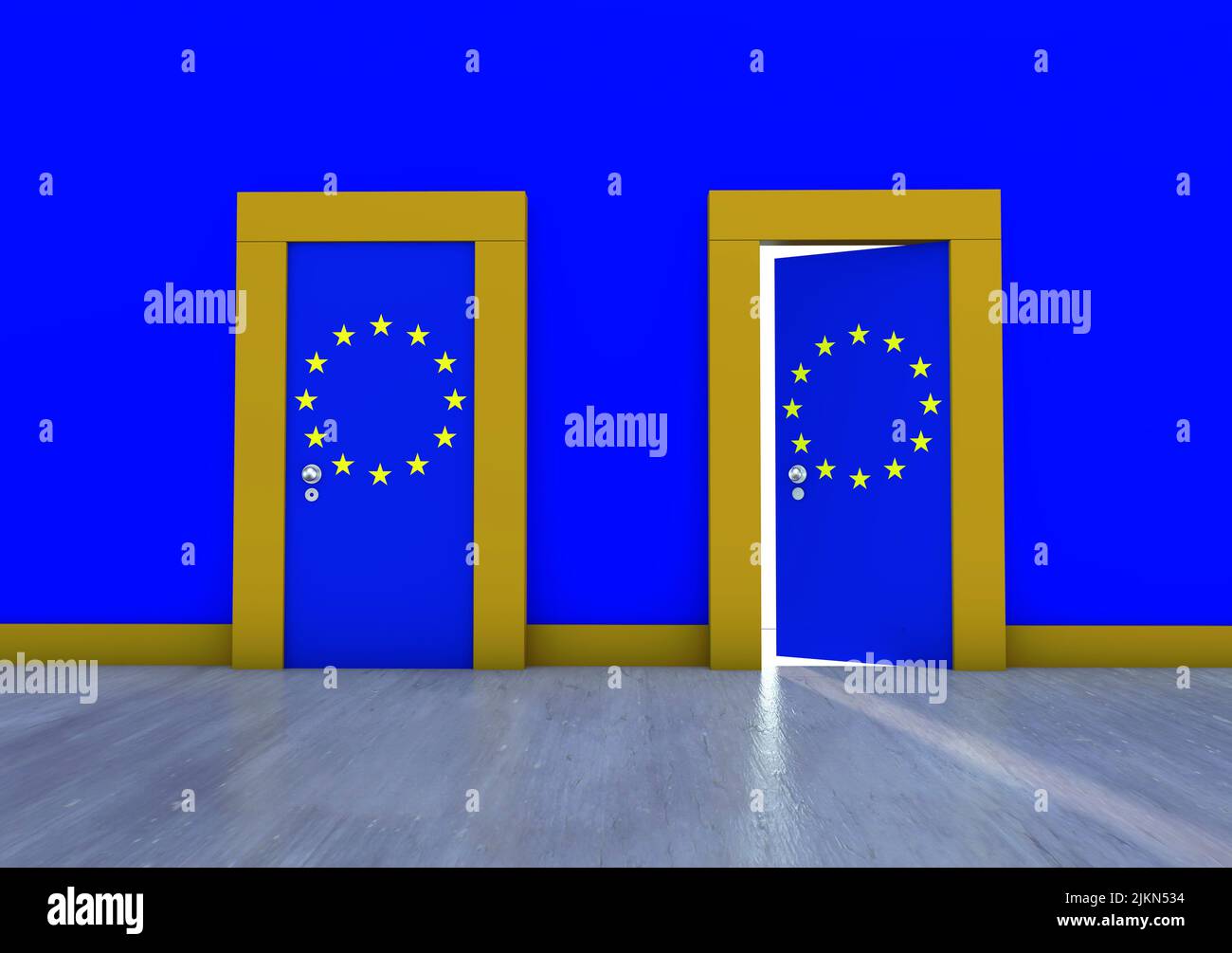 An illustrated room with a blue wall and two doors with the EU flag Stock Photo