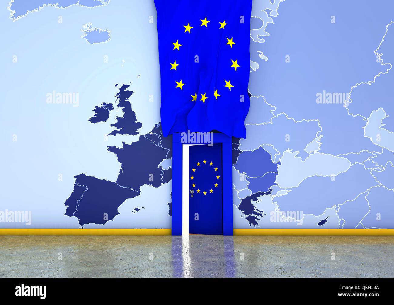 A 3D rendering of the wall with the map of Europe and the EU flag and a door with the European Union flag Stock Photo