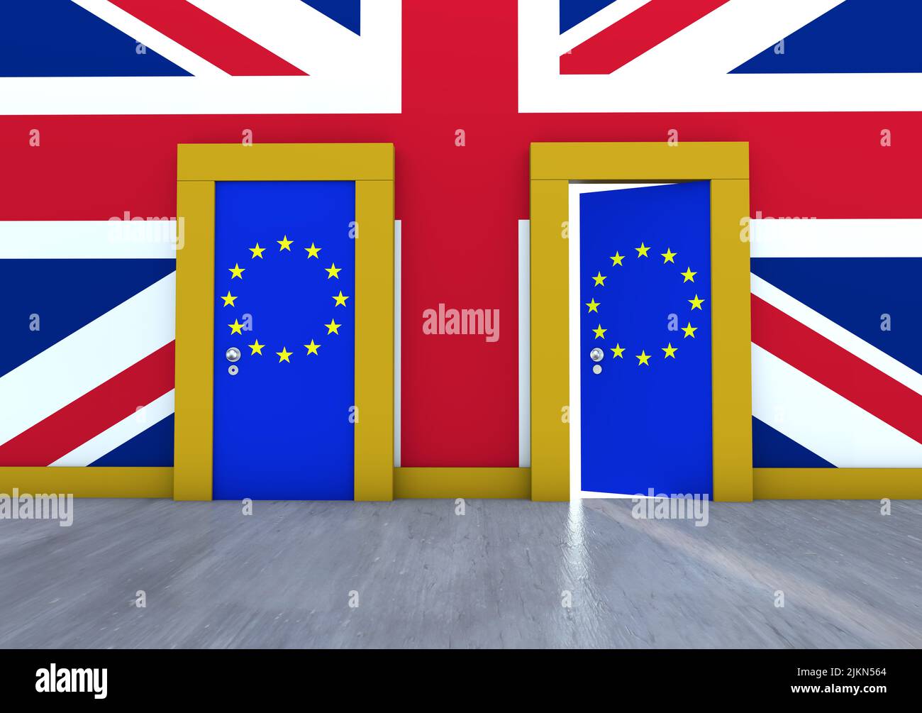 A Brexit-themed 3D rendering of a room with two doors with the EU flags on the UK flag wall Stock Photo