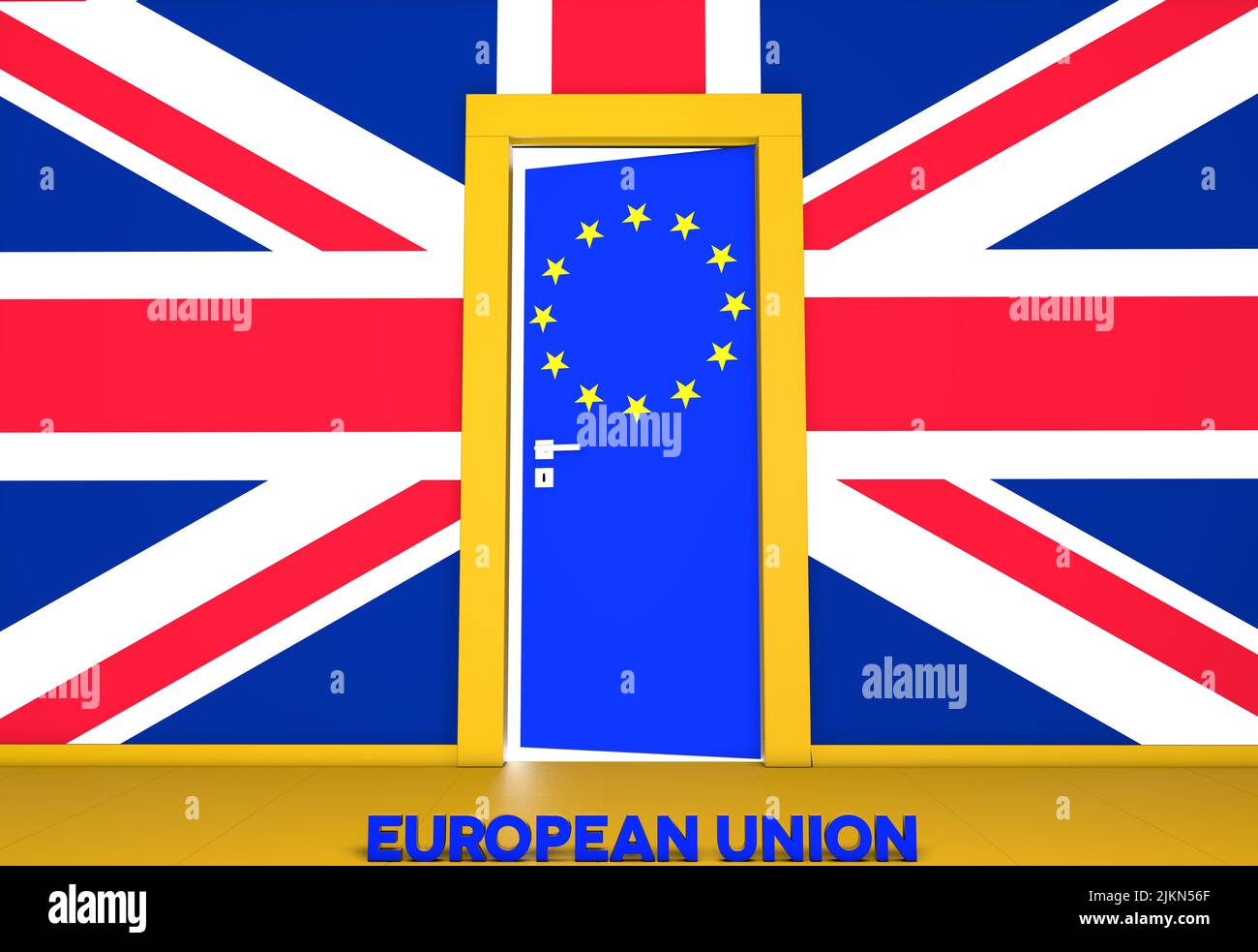 A Brexit-themed 3D rendering of a room with UK flag on the wall and a door with the EU flag Stock Photo