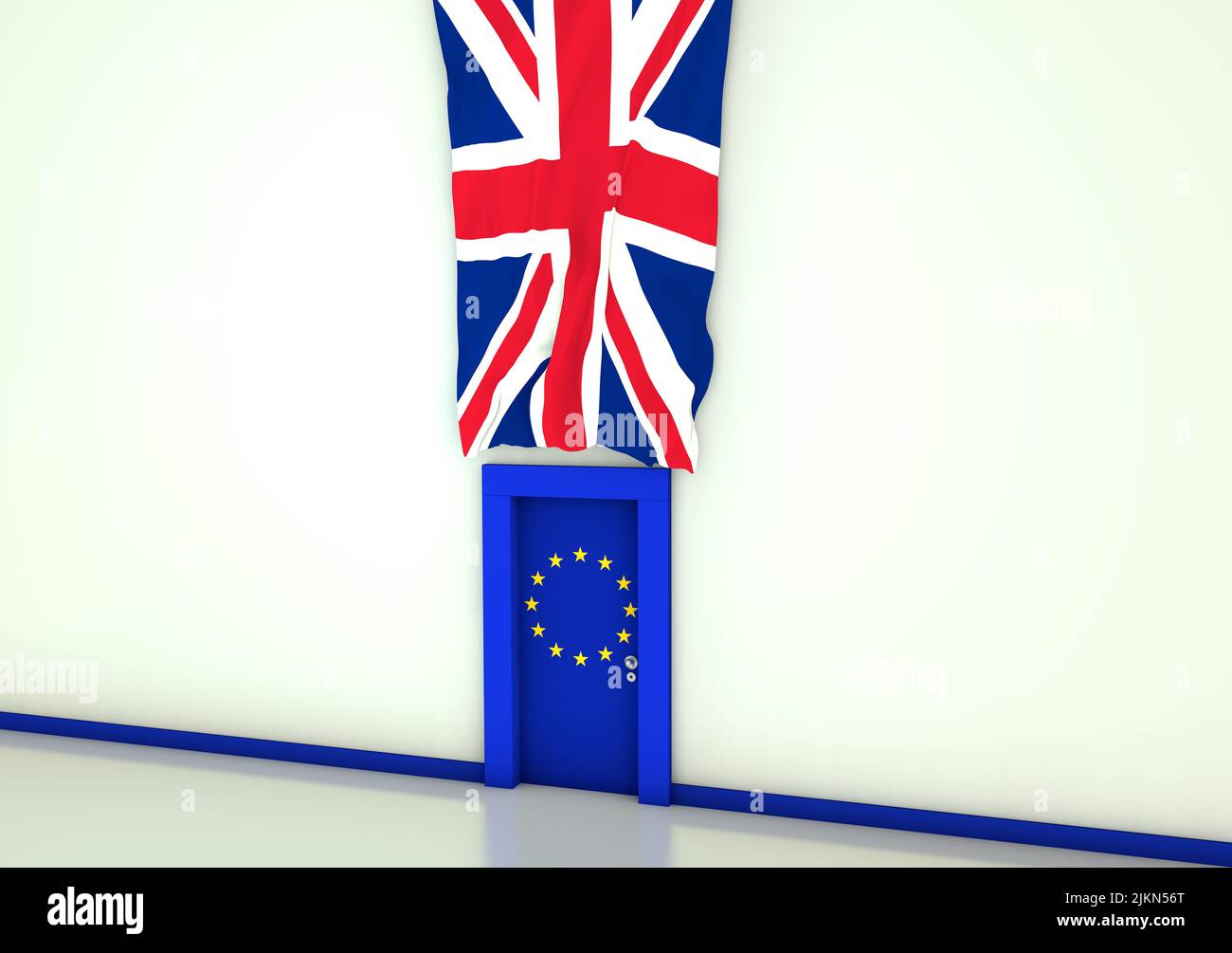 A Brexit-themed 3D rendering of a room with a door with the EU and a UK flag hung from above Stock Photo