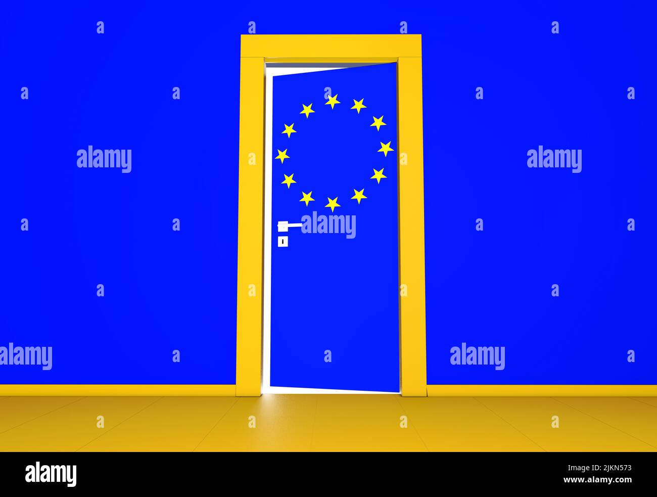 An illustrated room with a blue wall and a door with the EU flag Stock Photo