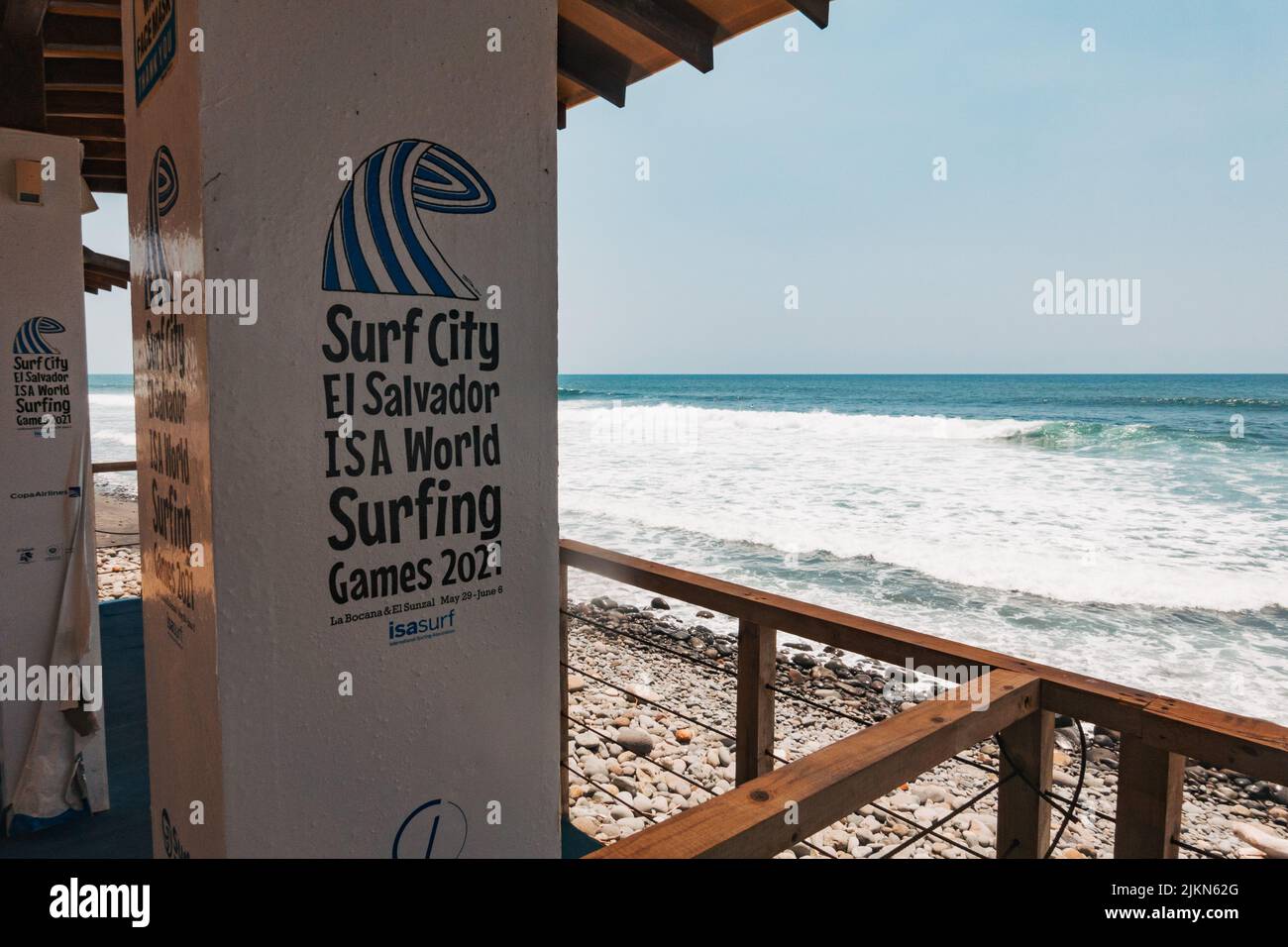 ISA World Surfing Games viewing platforms at El Tunco, also known as 'Surf City', on the Pacific Coast of El Salvador Stock Photo