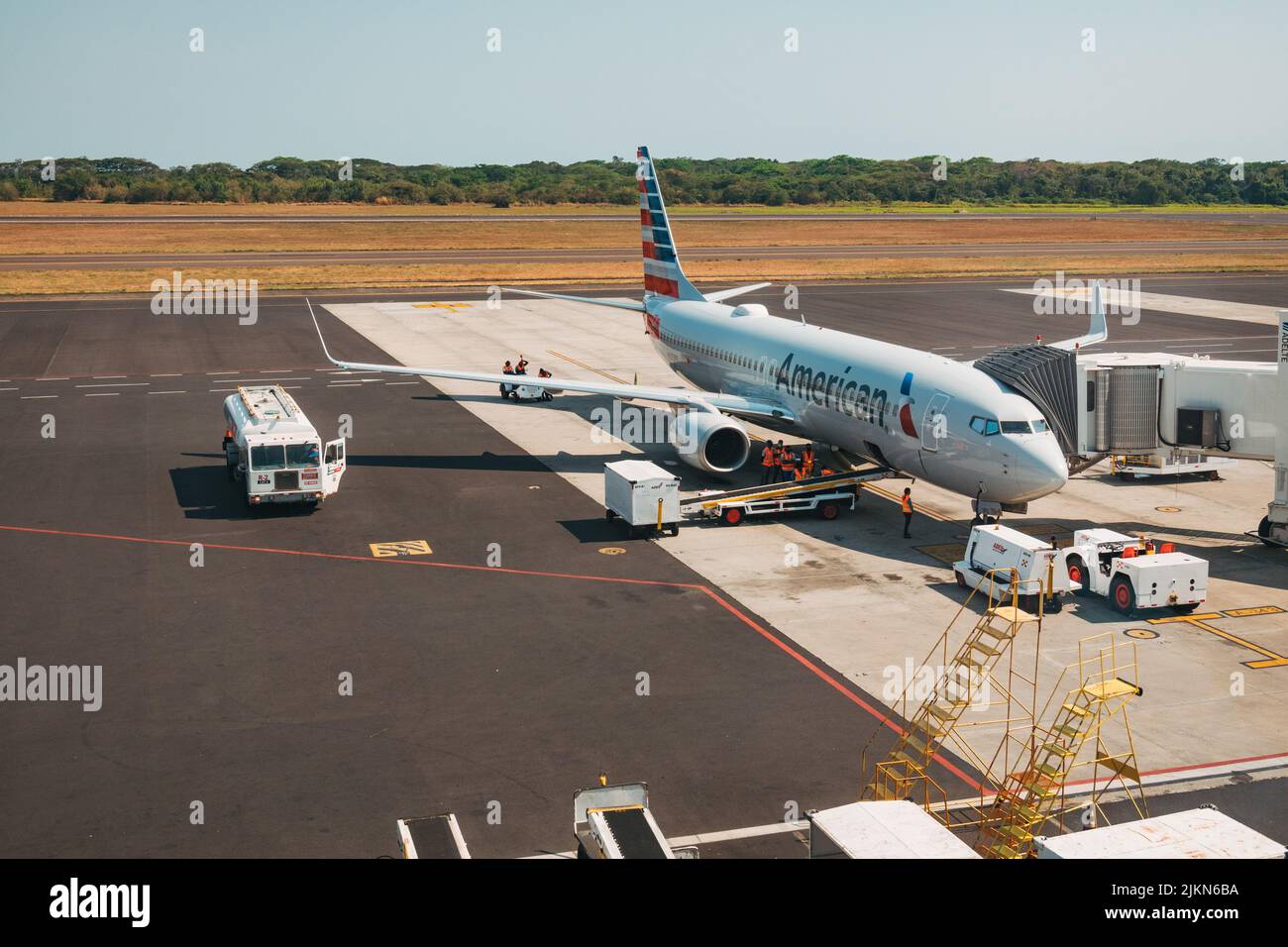 an American Airlines Boeing 737 jet on the ground at El Salvador International Airport, El Salvador Stock Photo