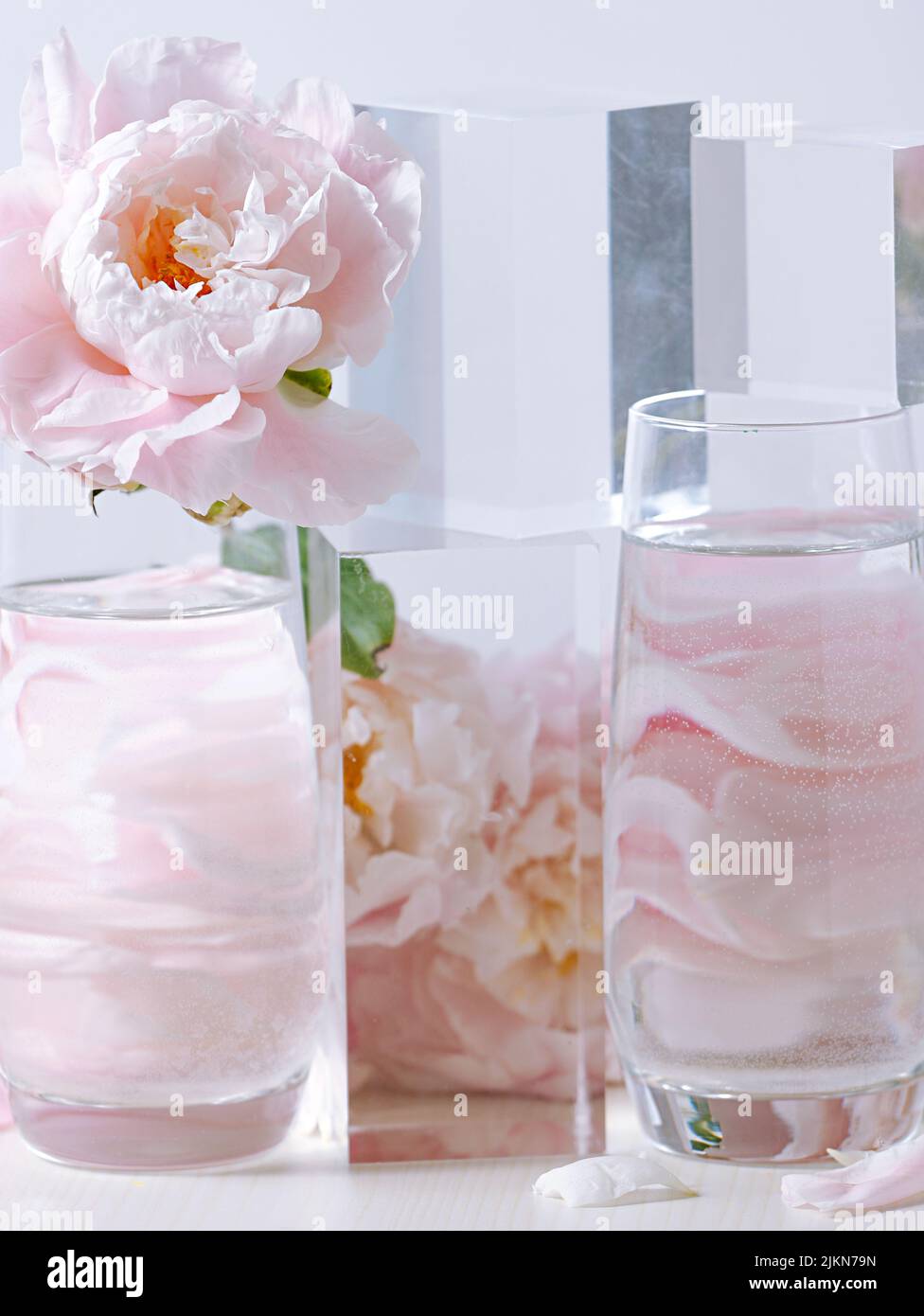 A vertical shot of beautiful pink peony flowers in a glass vase on a ...