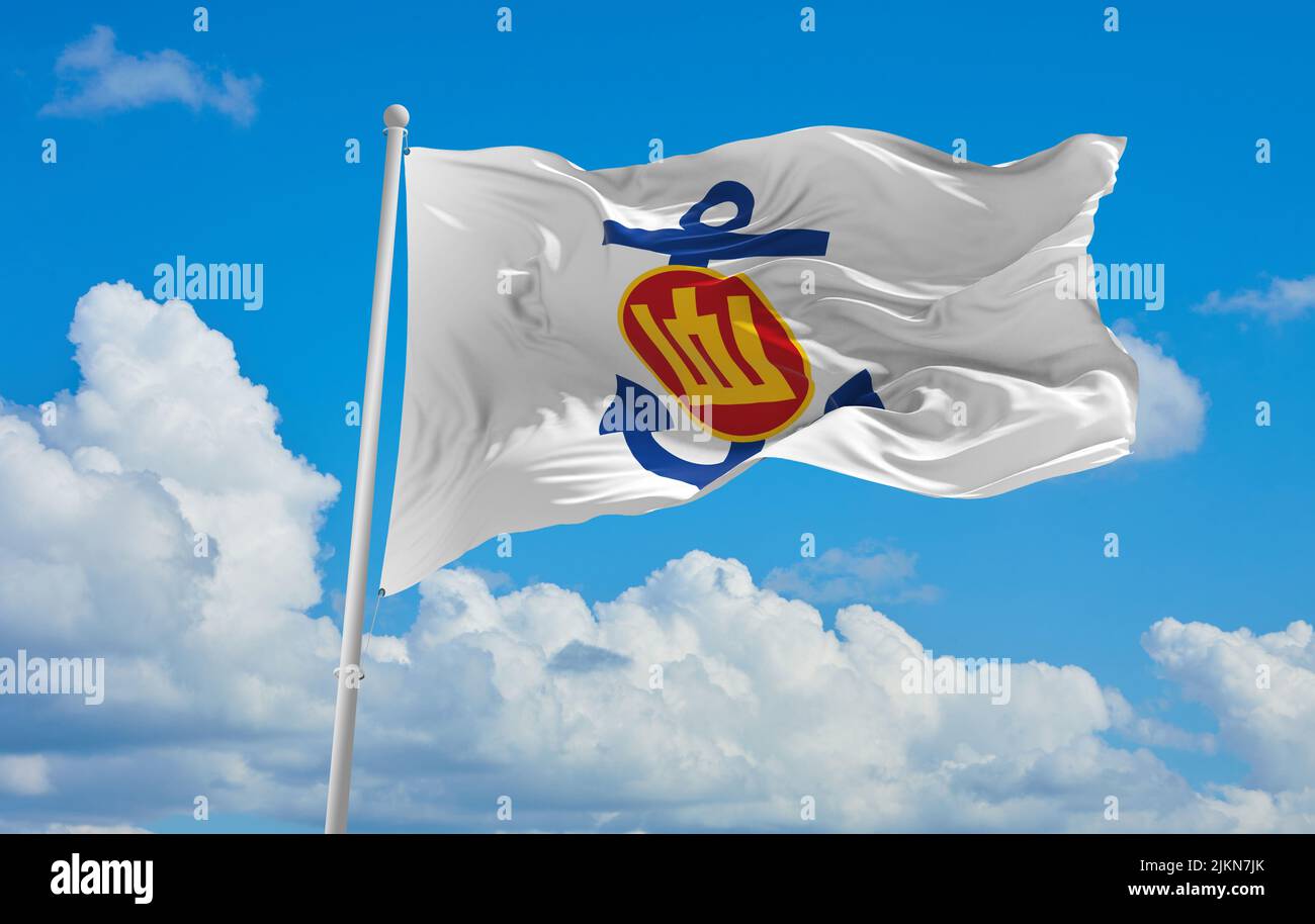 official flag of Naval Jack 1992 2004 lithuania at cloudy sky background on sunset, panoramic view. lithuanian travel and patriot concept. copy space Stock Photo