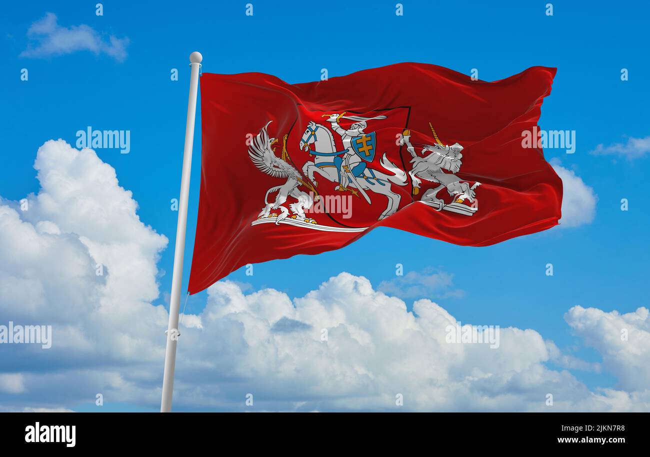 official flag of President lithuania at cloudy sky background on sunset, panoramic view. lithuanian travel and patriot concept. copy space for wide ba Stock Photo